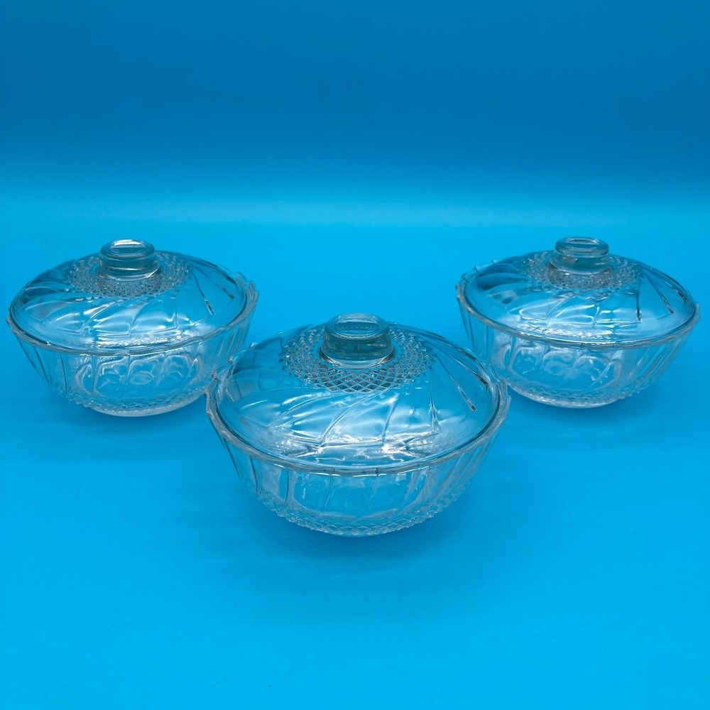 Set of 3 Vintage Clear Glass Candy Dish Sugar Bowl Trinket Holder with Lid
